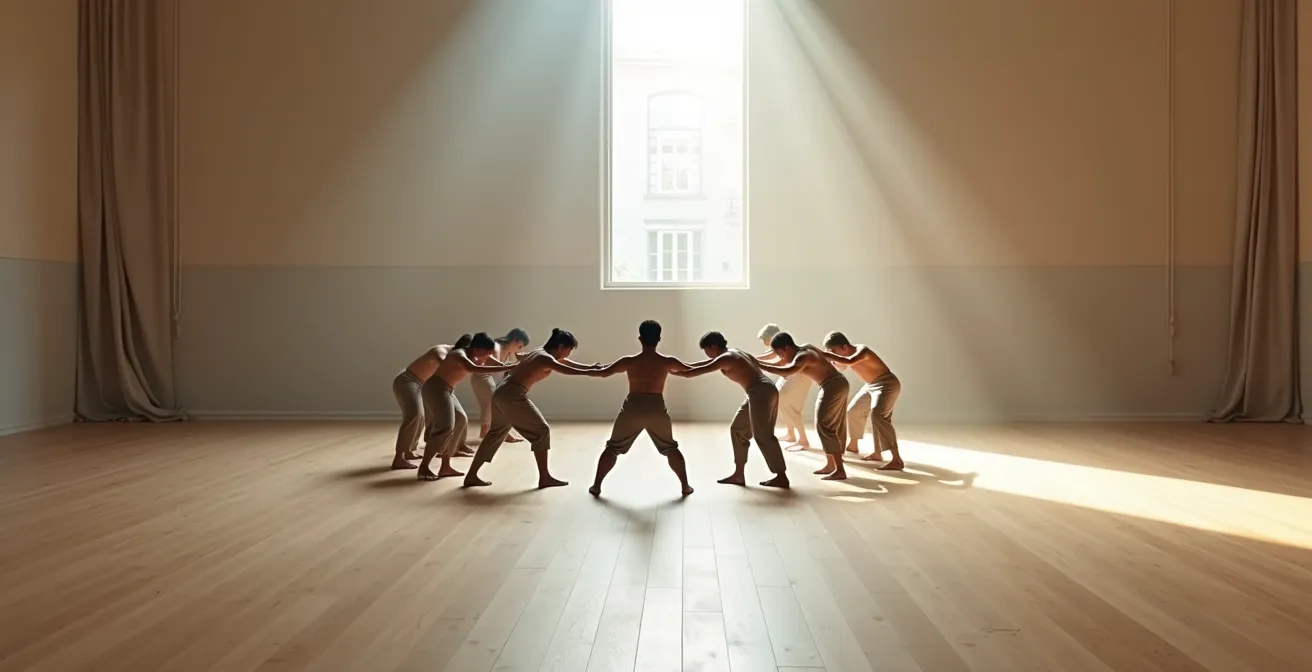 Vue d'ensemble d'une répétition théâtrale montrant l'énergie collective
