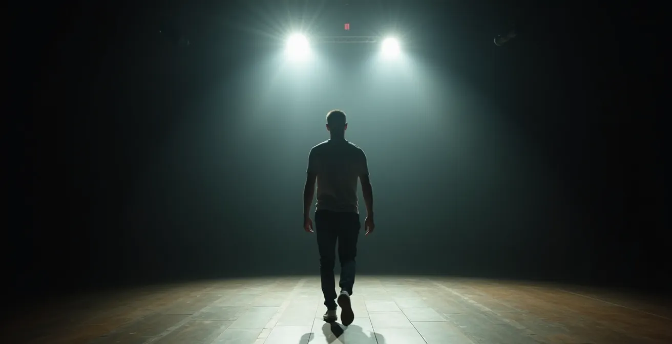 Comédien en pleine transformation émotionnelle sur scène, mouvement fluide capturé