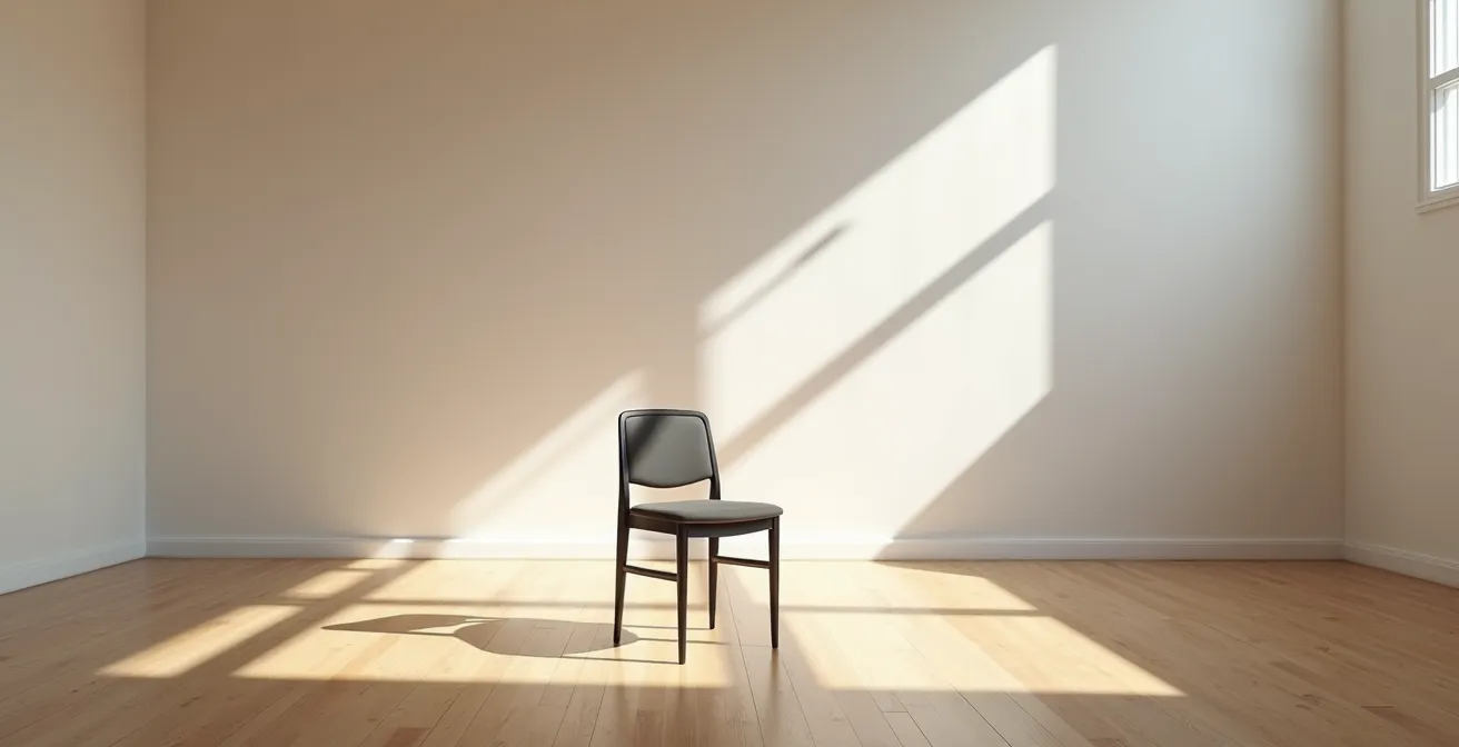 Espace de théâtre épuré avec jeux d'ombres suggérant la transformation intérieure