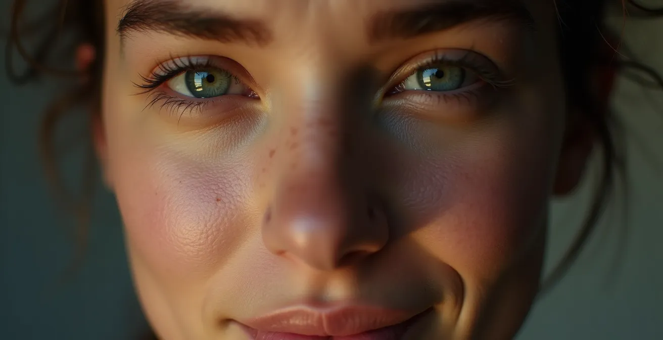 Gros plan sur un visage montrant des micro-expressions subtiles révélant des émotions cachées