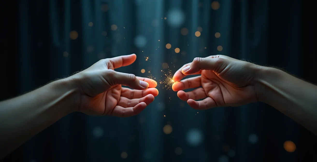 Gros plan sur les mains d'acteurs en connexion empathique